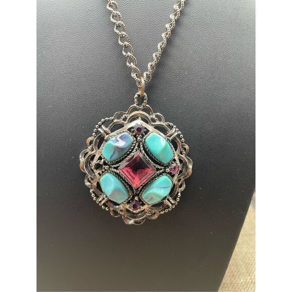 Statement Costume Pendant Necklace with Faux Turquoise and amethyst Stones Rodeo - Picture 2 of 7